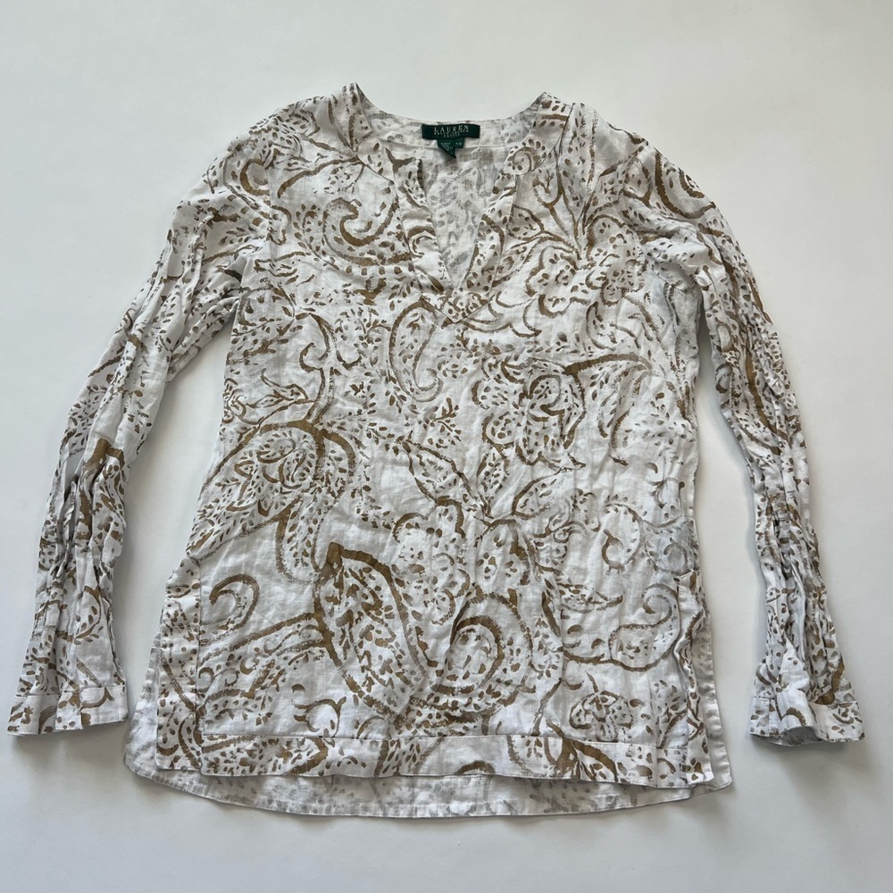 Ralph Lauren 100% Linen MP Petite Medium Paisley V Neck White Gold A56